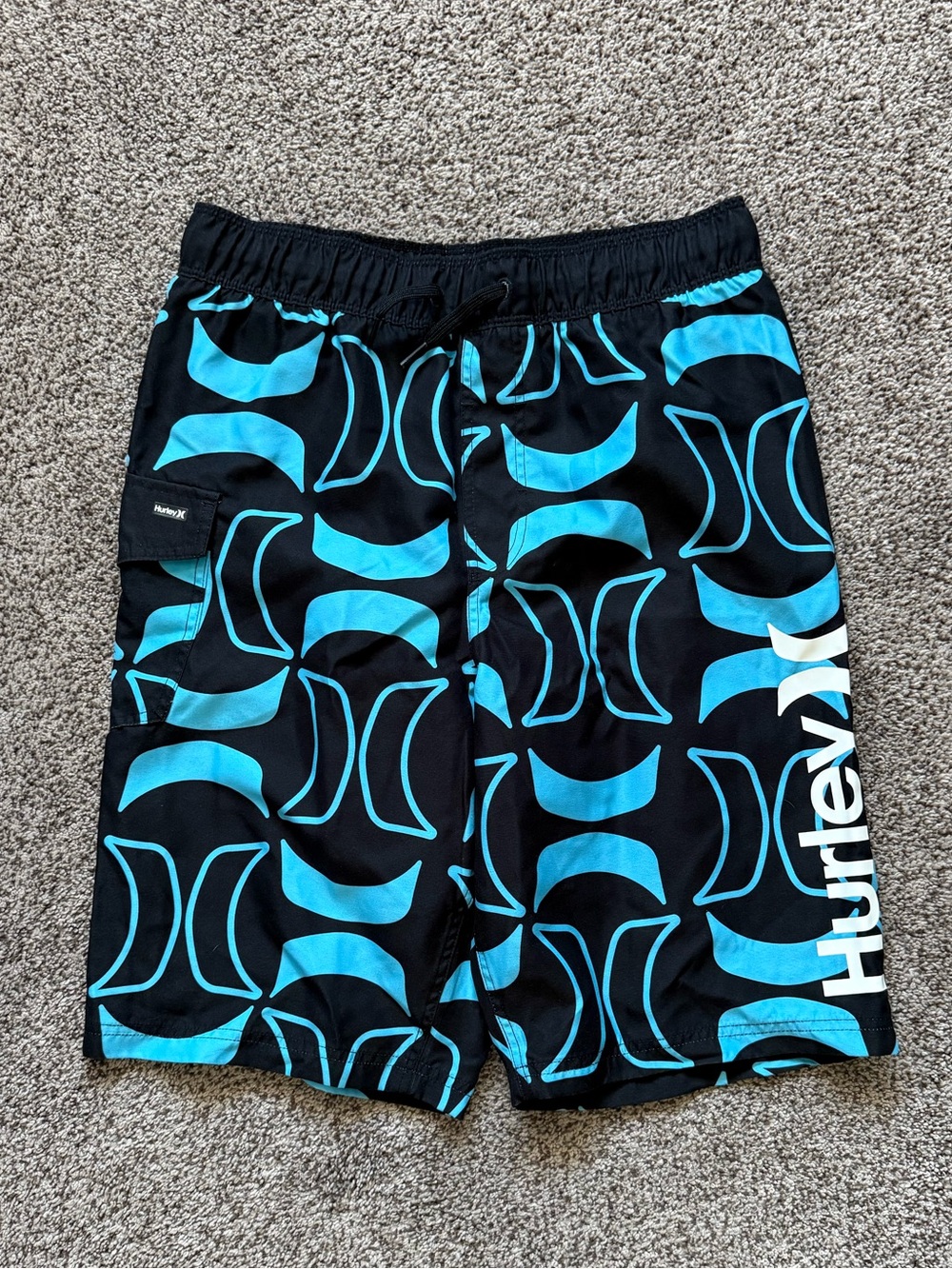 Boy’s Hurley Black And Blue “H” Logo Pattern Swim Trunks